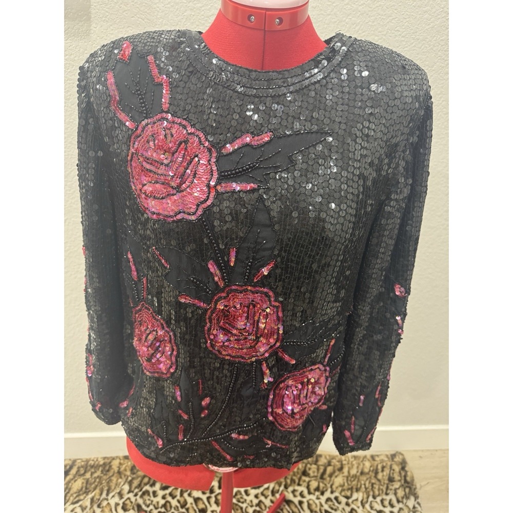 Vintage Sequin‎ Beaded Floral Embellished Long Sleeve Party Top